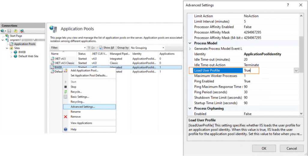 Application Pools settings in IIS, highlighting Load User Profile option in Advanced Settings.